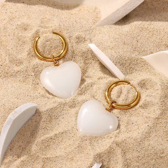 Healing White Jade Heart Hoop Earrings 18K Gold Plated Stainless Steel - Picture 5 of 7